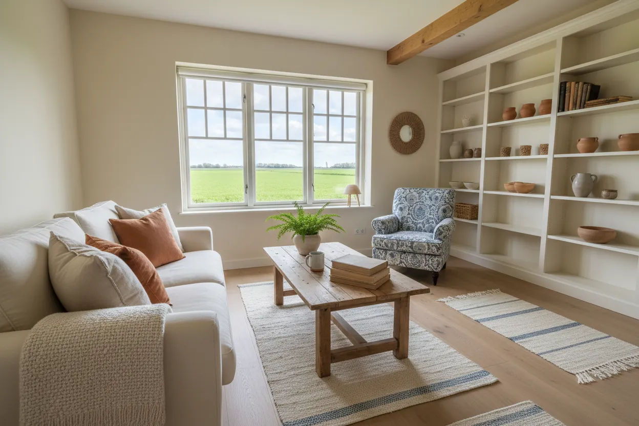 Woonkamer in een huis in West-Friesland met een lichte houtlook vloer en uitzicht op het polderlandschap