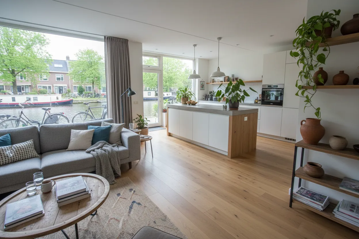 Moderne rijtjeswoning met een brede lichte eiken vloer en open keuken, met uitzicht op het water
