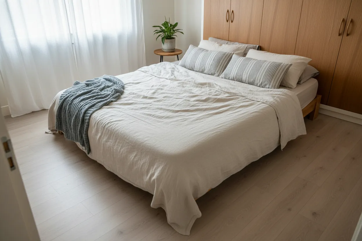 Slaapkamer met een zachte pvc vloer in houtlook en daglicht